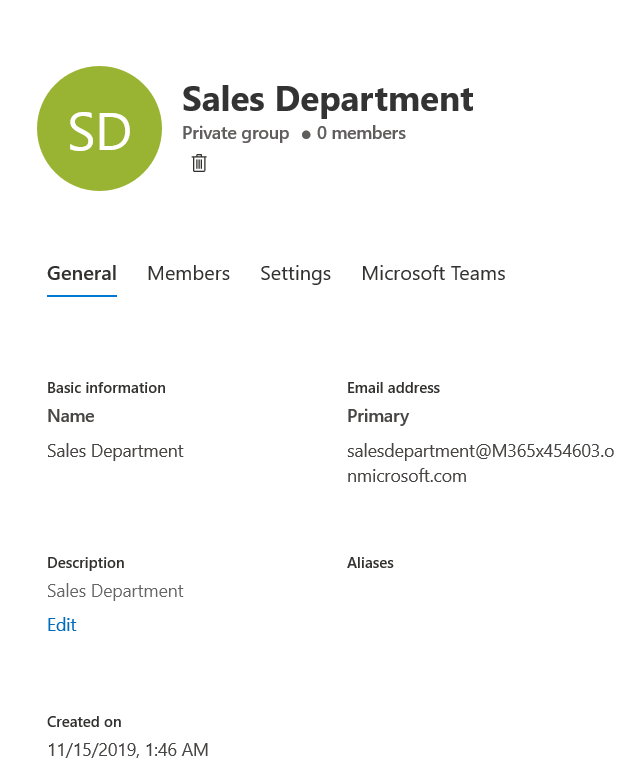 Screenshot of managing Microsoft 365 group.