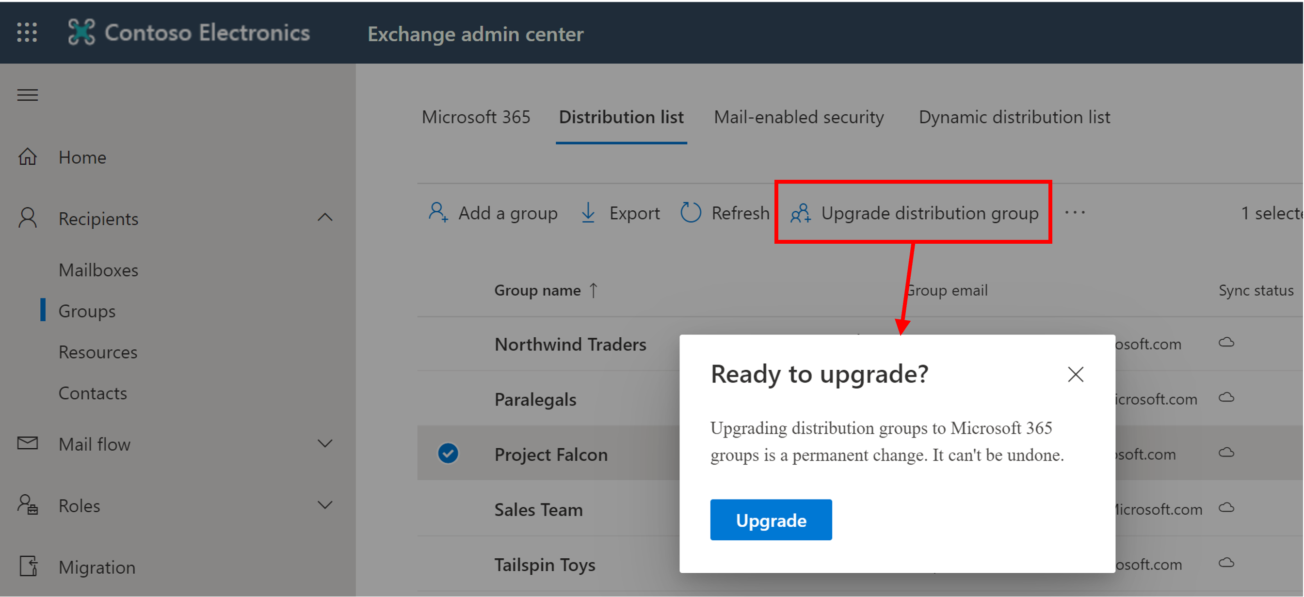Screenshot of the Upgrade Distribution group dialog from Exchange admin center.