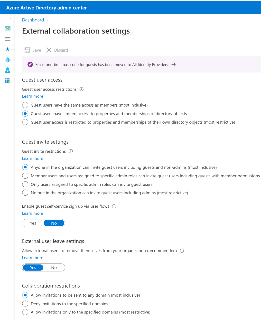 Screenshot of external collaboration settings in Microsoft Entra ID.