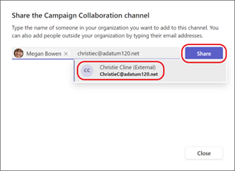 Screenshot of sharing a shared channel with external users.