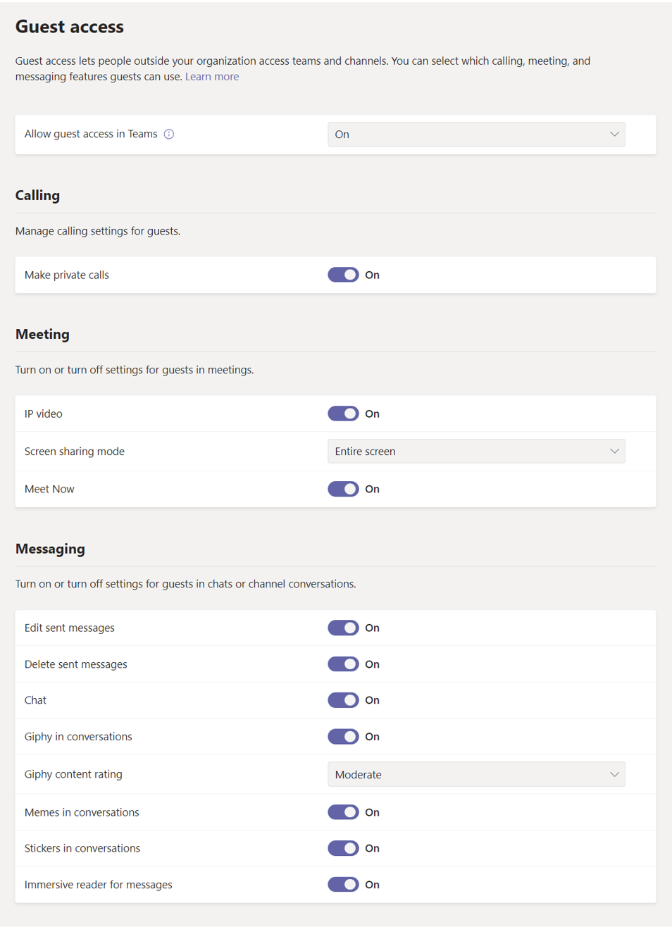 Screenshot of Guest permissions settings in Teams.