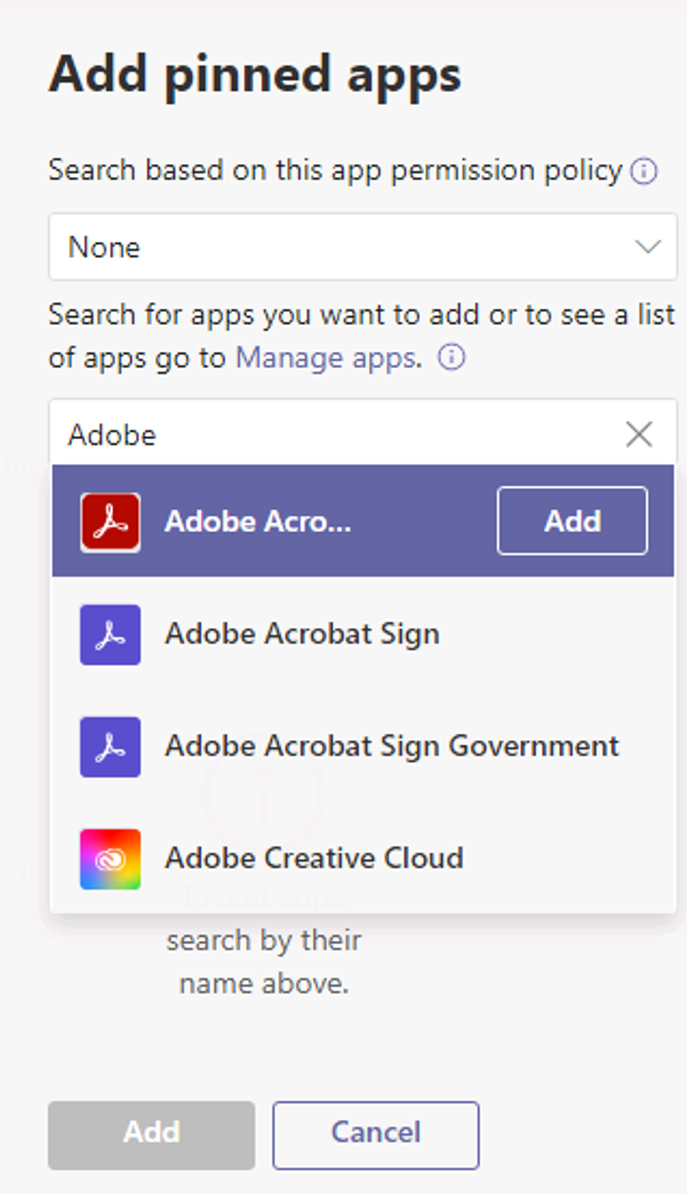  Screenshot showing the Add pinned apps pane.
