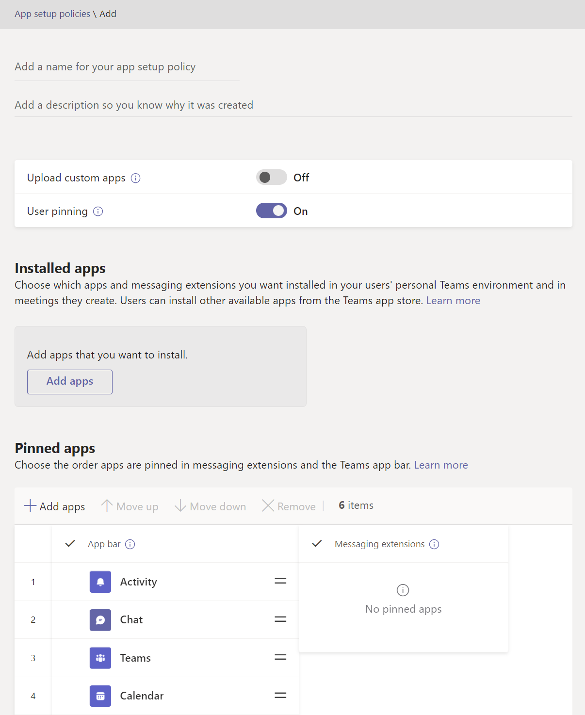  Screenshot showing the Added app setup policies page.