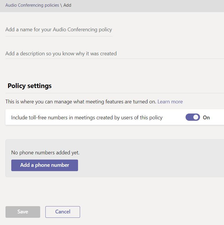 Screenshot of creating a new Audio conferencing policy.