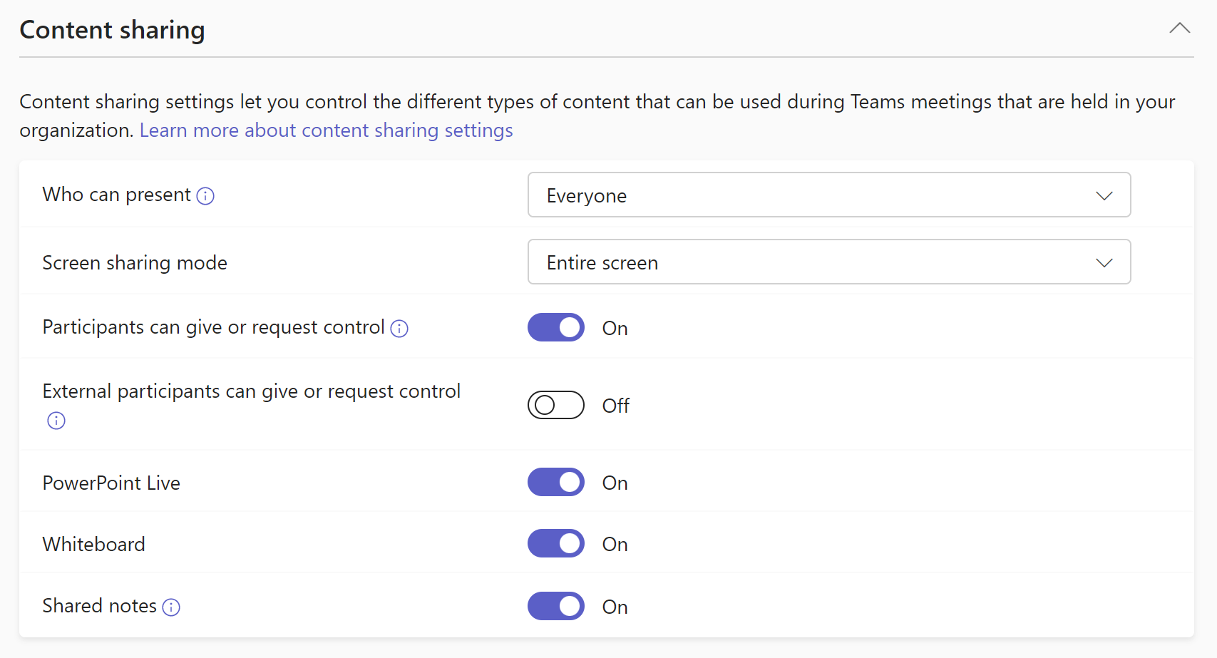 Screenshot of Content sharing settings in meeting policy.
