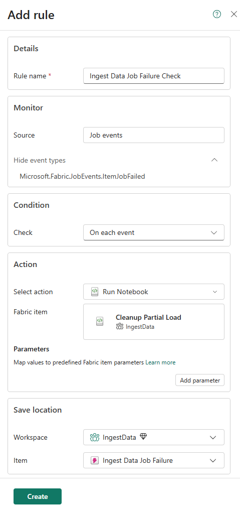 Screenshot of the Add rule panel in Real-Time hub showing a rule configured to monitor Microsoft.Fabric.JobEvents.ItemJobFailed events and run a notebook named Cleanup Partial Load as the action.