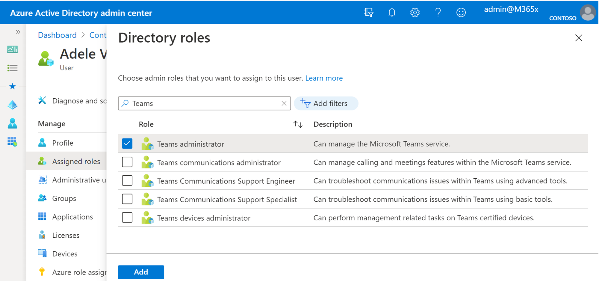 Screenshot of assigning Teams Admin Roles in Microsoft Entra ID.
