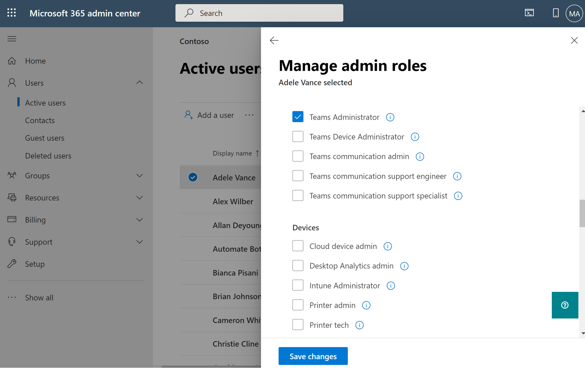 Screenshot of assigning Teams Admin Roles in M365 admin center.