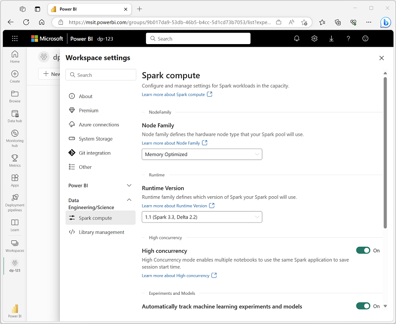 Screenshot of the Spark settings page in Microsoft Fabric.