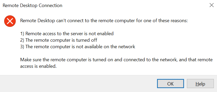 Screenshot of the RDP error.