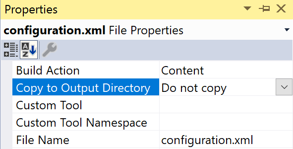 Screenshot shows the configuration.xml file properties.
