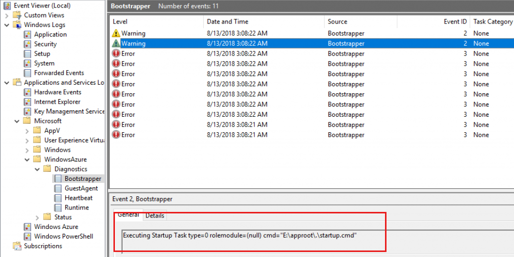 Screenshot of the event viewer log.