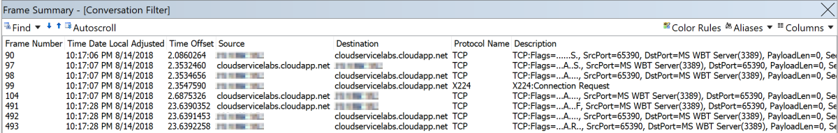 Screenshot of network trace of the RDP traffic.