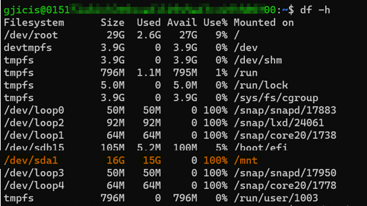 Screenshot that shows the 100 percent of the mounted disk is used.