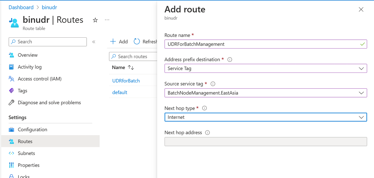 Screenshot that shows how to add a UDR.