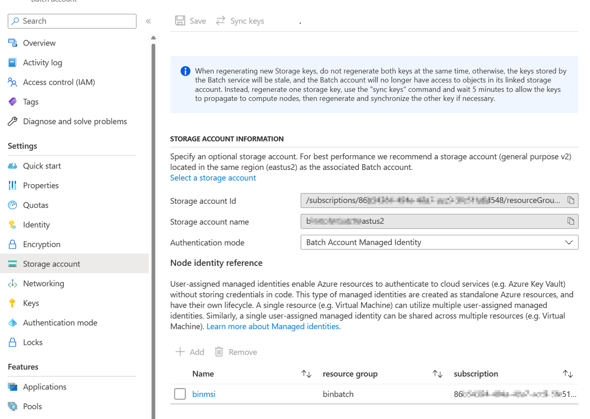 Screenshot of the 'Batch Account Managed Identity' authentication mode.