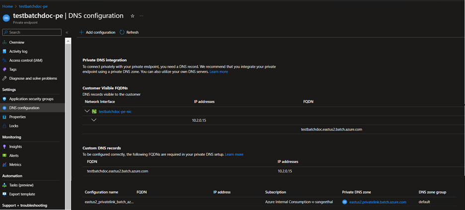 Screenshot of the added private DNS zone.