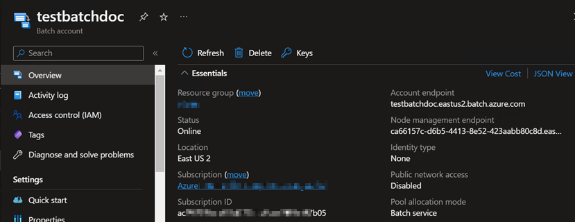 Screenshot of Batch account endpoint.