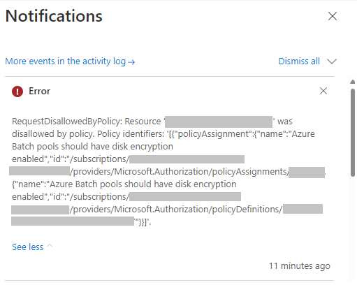 Screenshot of the error message in the activity log.