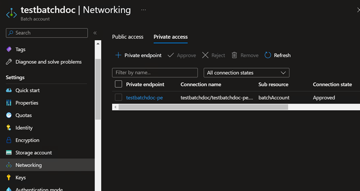 Screenshot of selecting the private endpoint.