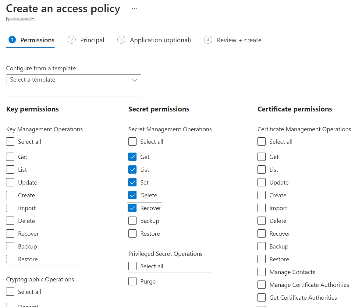 Screenshot of the key vault secret permission.