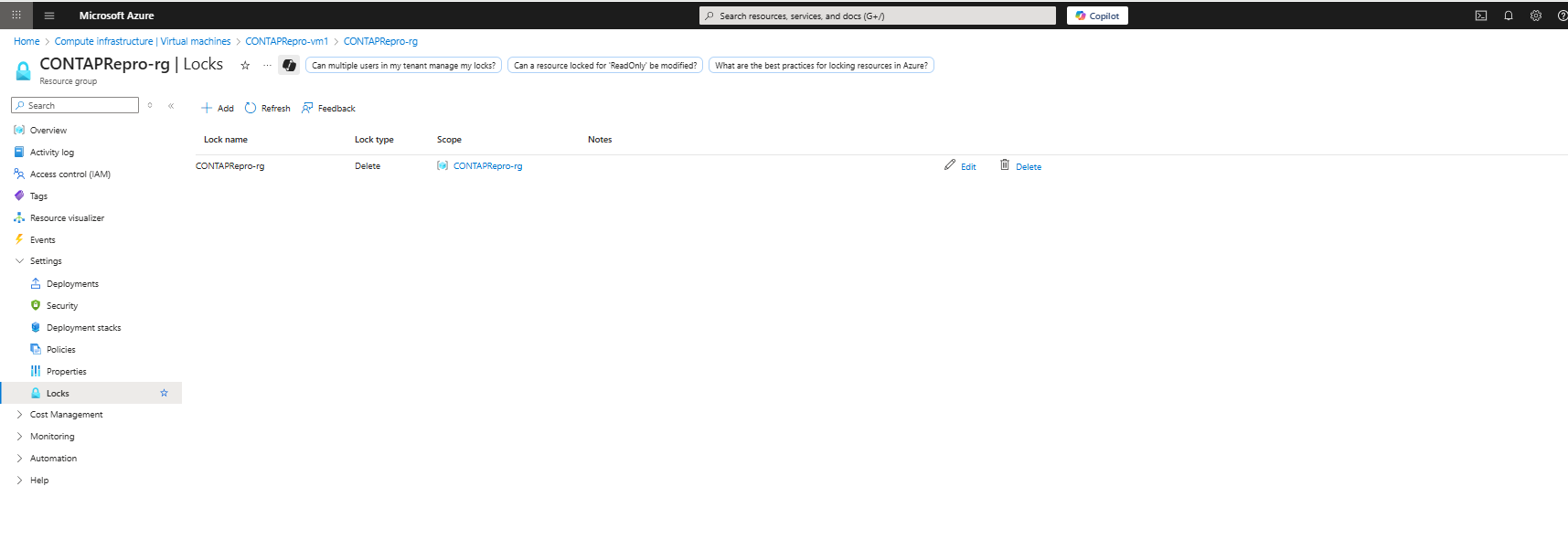 The NetApp Cloud Volumes ONTAP Locks screen might list a delete lock that must be removed before you run a script to uninstall extensions.png.