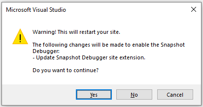 Screenshot of incompatible Snapshot Debugger site extension Visual Studio 2019.