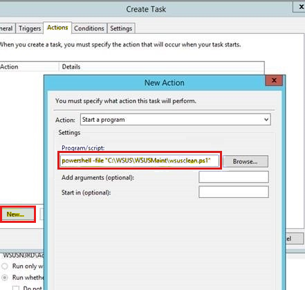 Screenshot shows WSUS add a line of script to start the task.