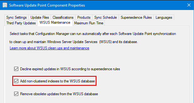 Screenshot of the Add non-clustered indexes to the WSUS database option under WSUS Maintenance tab.