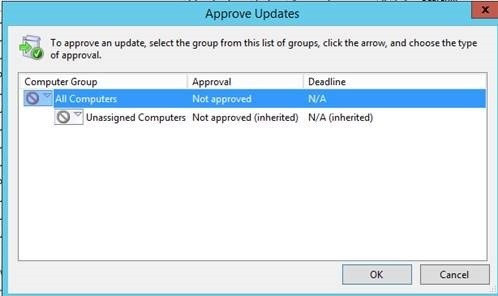 Screenshot of the WSUS Approve Updates screen.