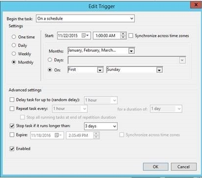 Screenshot shows Set the WSUS Edit Trigger for the task.