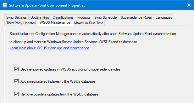 Screenshot of the WSUS Maintenance options in Software Update Point Components Properties window.