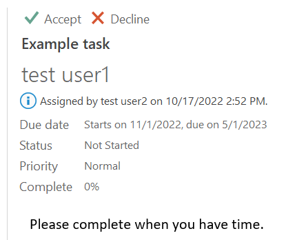 Screenshot of a task request message that does contain the Accept and Decline buttons and has legible task details.