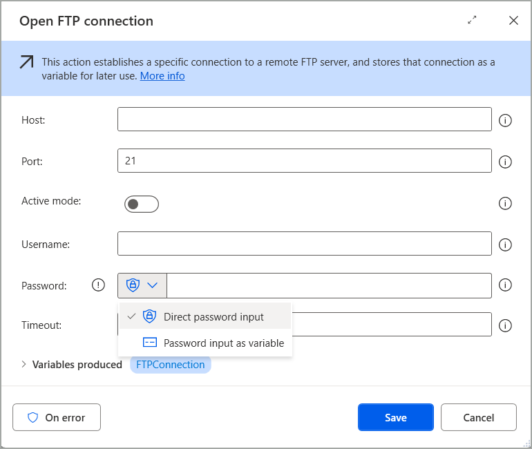 Screenshot that shows the Direct password input option in a desktop flow action.