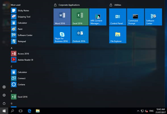 Screenshot of an example of Start screen that has previously pinned tiles missing.