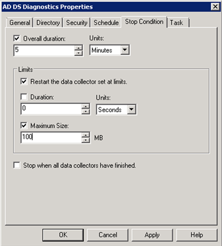 Screenshot of the AD DS Diagnostics Properties window with the Maximum Size set to 100 MB.