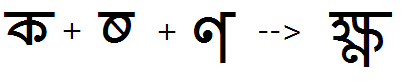 Illustration that shows the sequence of half Ka, half Ssa plus full Nna glyphs being substituted by a conjunct Ka Ssa Nna ligature glyph using the P R E S feature.