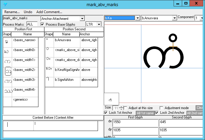 Screenshot of a dialog in Microsoft VOLT for specifying positioning adjustments. Anchor attachment is selected as the lookup type. A mark glyph is shown positioned above a base glyph using an anchor point.