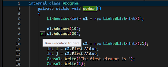 Screenshot that shows how to work with the Run to click action in the Visual Studio debugger.