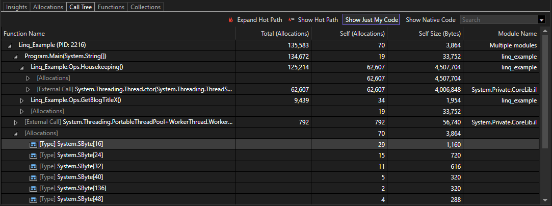 The Call Tree view Screenshot of the Call Tree view.
