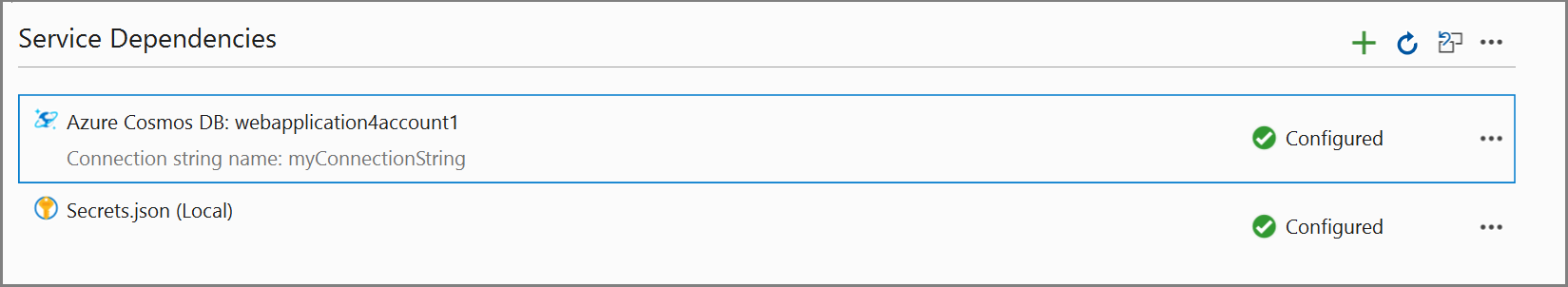 Screenshot showing "Service Dependencies" after adding the connected service.