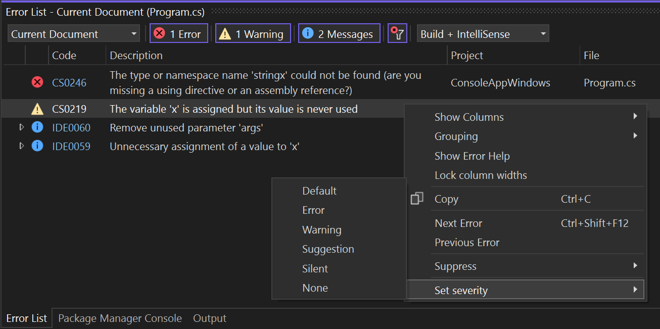 Screenshot that shows how to configure rule severity from the Error List window in Visual Studio.