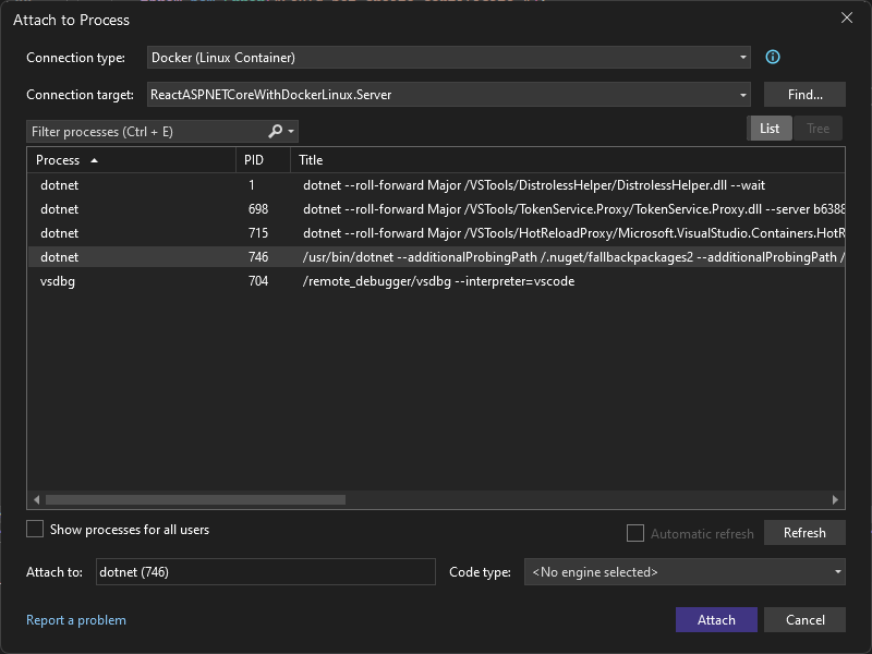 Screenshot of the Attach to Process dialog in Visual Studio. Connection type is set to Docker (Linux Container) and the dotnet process is selected.
