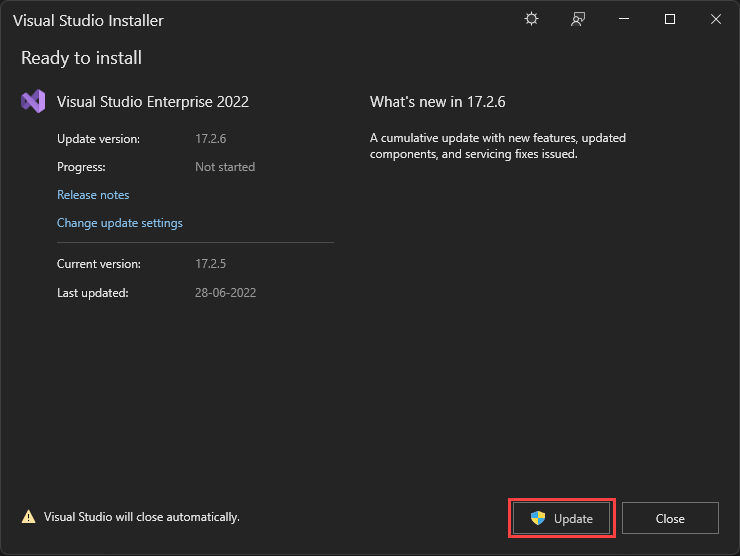 Screenshot of Visual Studio Installer with the Updates.