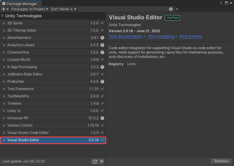 Screenshot of the Package Manager window in the Unity Editor on Windows.