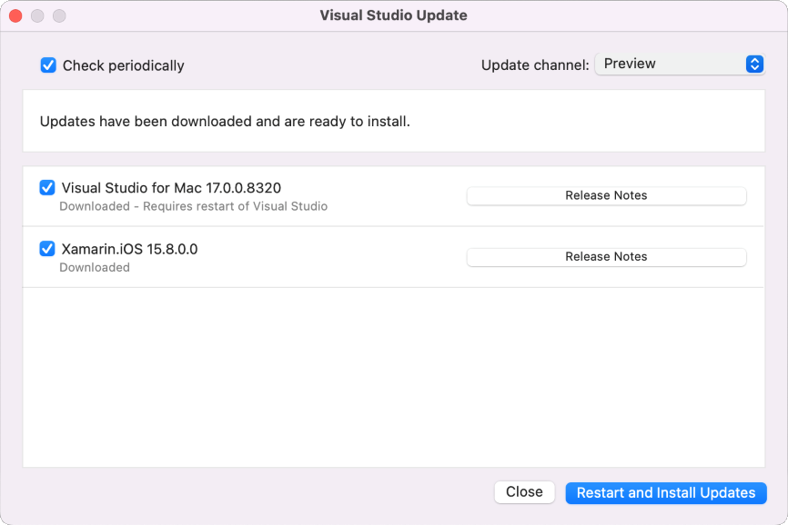 Screenshot of Visual Studio Updates with the Updates.