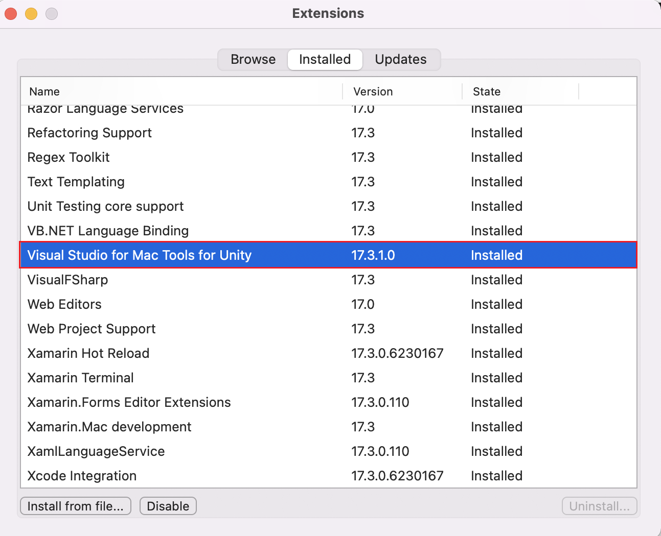 Screenshot of the Extension Manager view showing Visual Studio for Mac Tools for Unity enabled.