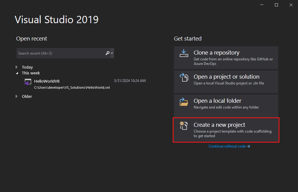 Screenshot that shows the Create a new project option in the Visual Studio start window.