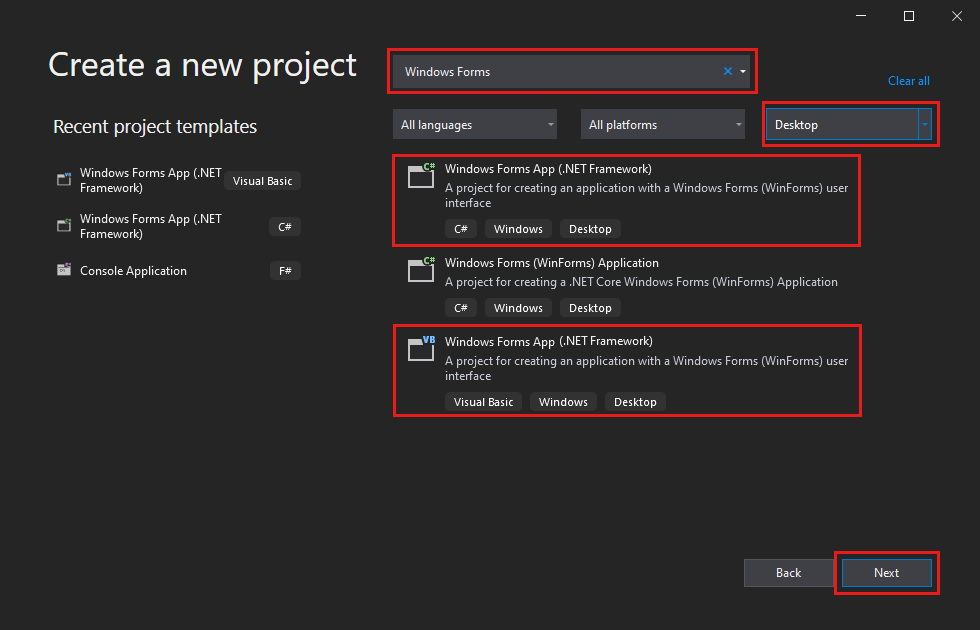 Screenshot that shows the Create a new project dialog box. The search box, the Project type list, and two templates are called out.