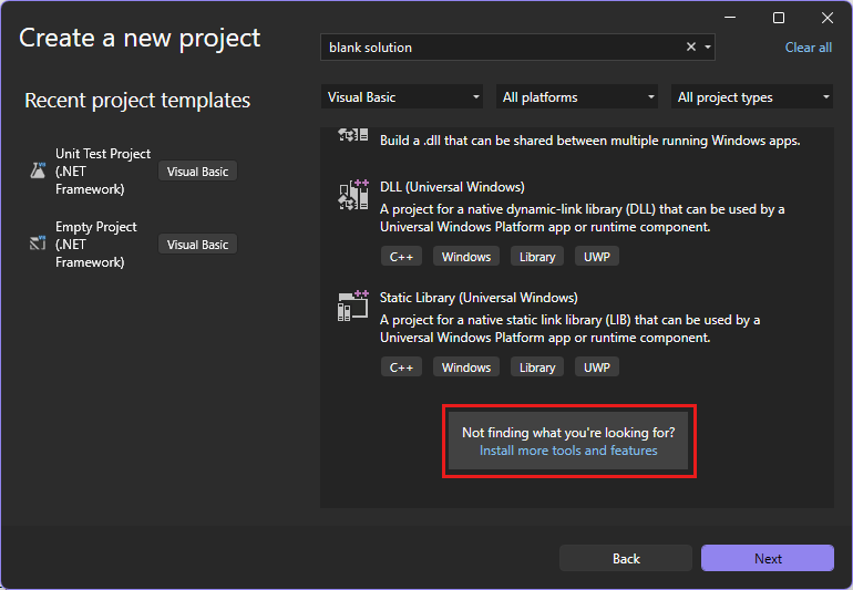 Screenshot showing the Create a new project window with the 'Install more tools and features' link highlighted.